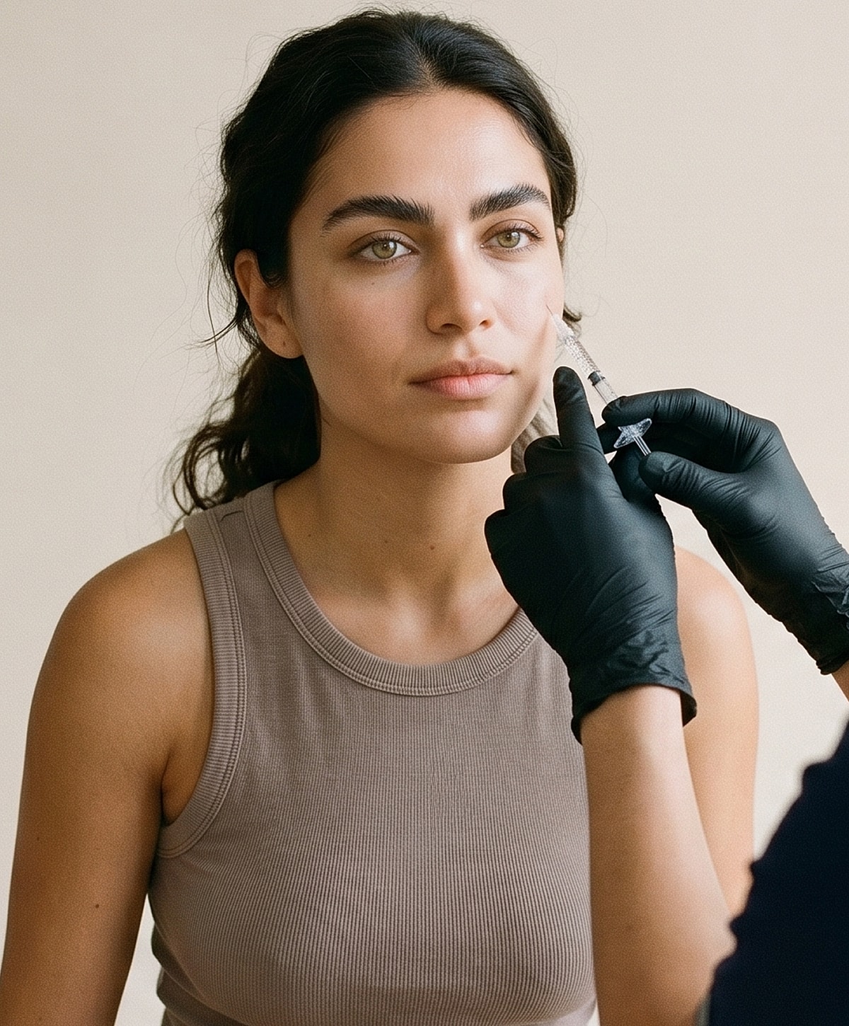 Woman receiving cosmetic treatment with syringe.