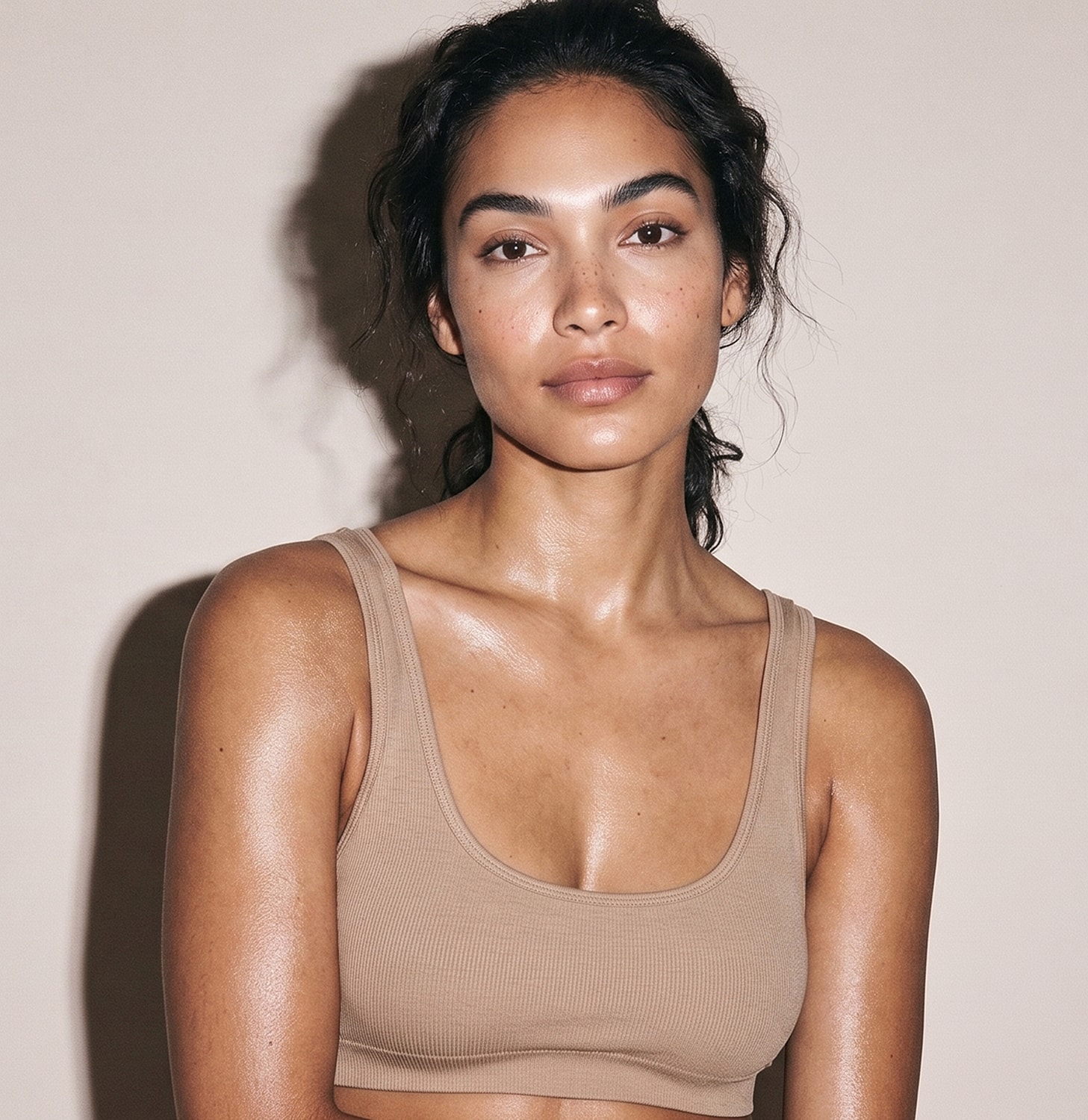 Model with natural makeup and tank top.