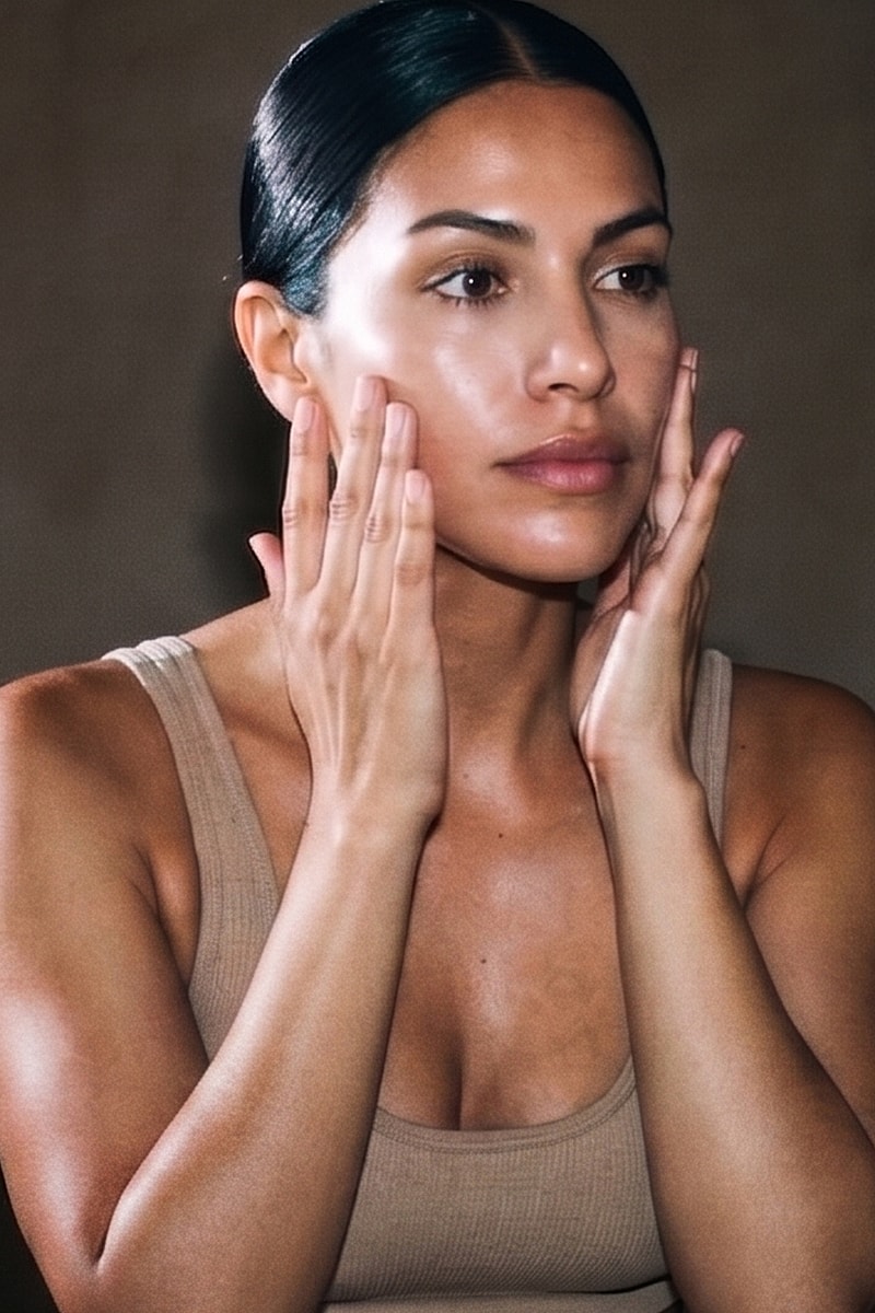 Woman applying skin care product on her face.