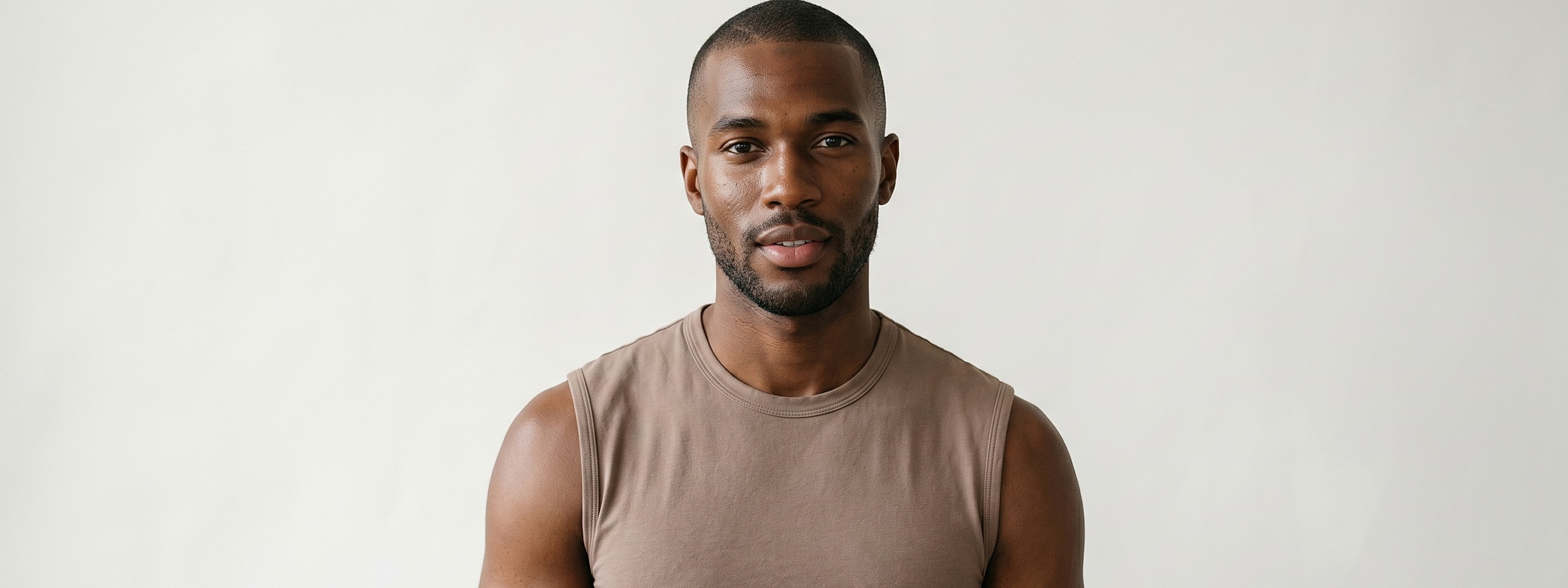 Man with short hair wearing a sleeveless shirt.