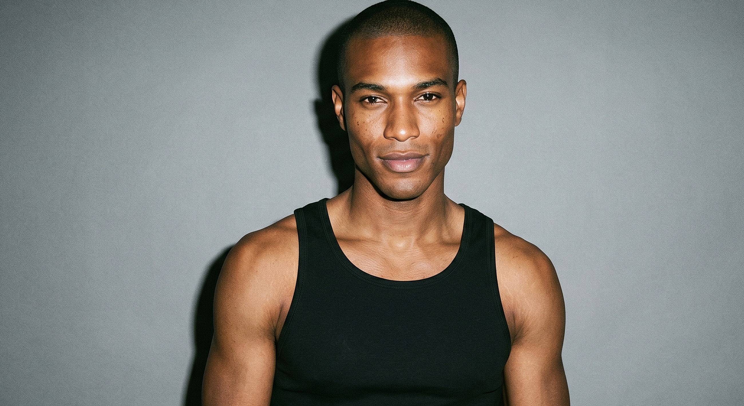 Man in black tank top against gray background.